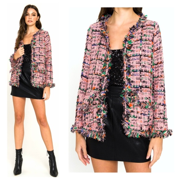 NWOT ENGLISH FACTORY | Neiman Marcus Tweed Bolero Jacket Pink Blazer Fringe - Picture 1 of 10